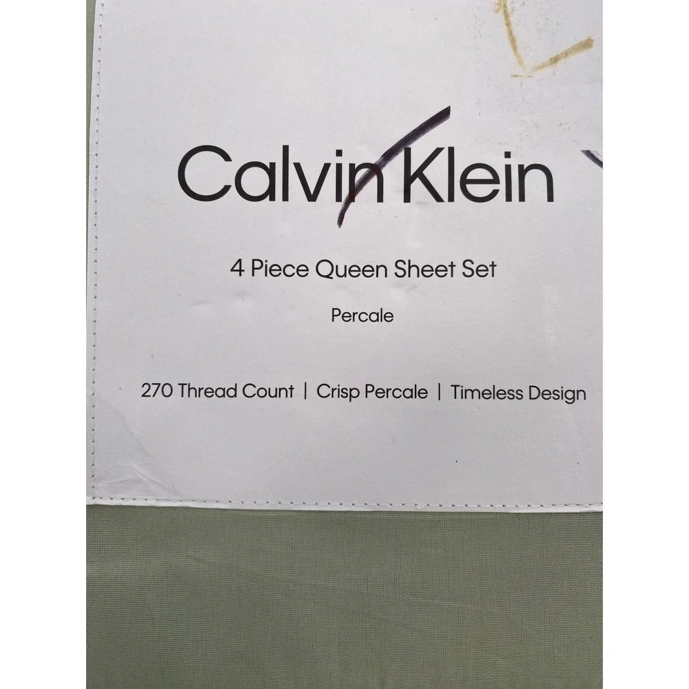 Calvin Klein Sheet Set Queen Sage Green Cotton Percale 270TC Earthy Modern